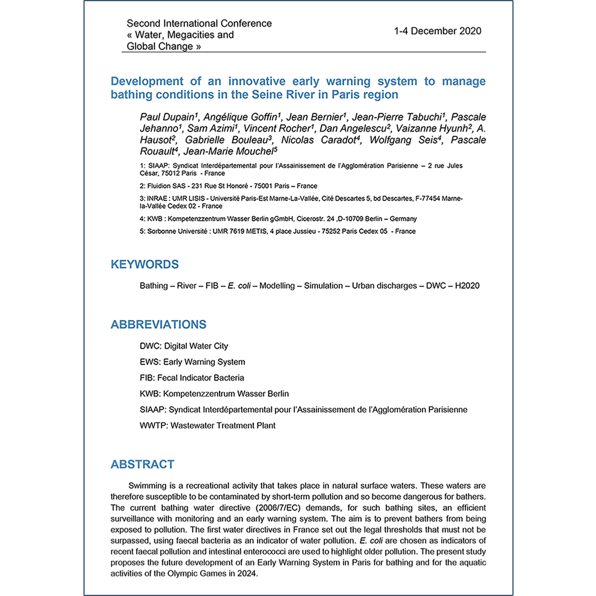 Development of an innovative early warning system to manage bathing conditions in the Seine River in Paris region (2020)