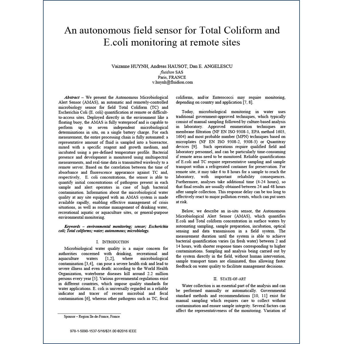 An autonomous field sensor for Total Coliform and E.coli monitoring at remote sites (2016)