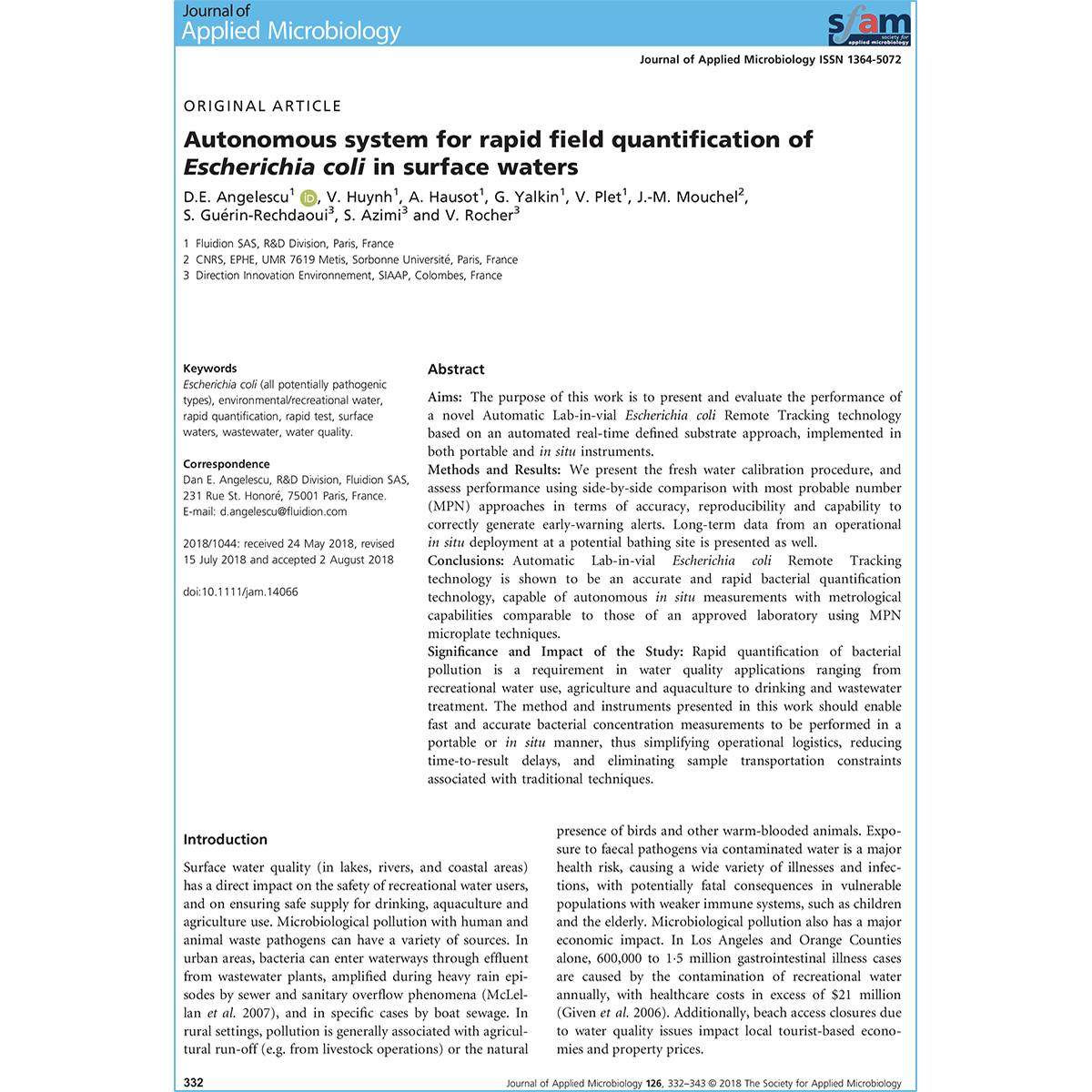 Autonomous system for rapid field quantification of Escherichia coli in surface waters (2018)