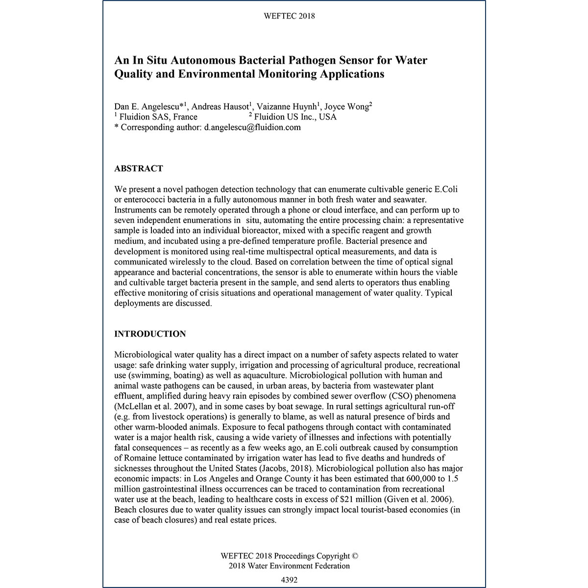 An In Situ Autonomous Bacterial Pathogen Sensor for Water Quality and Environmental Monitoring Applications (2018)