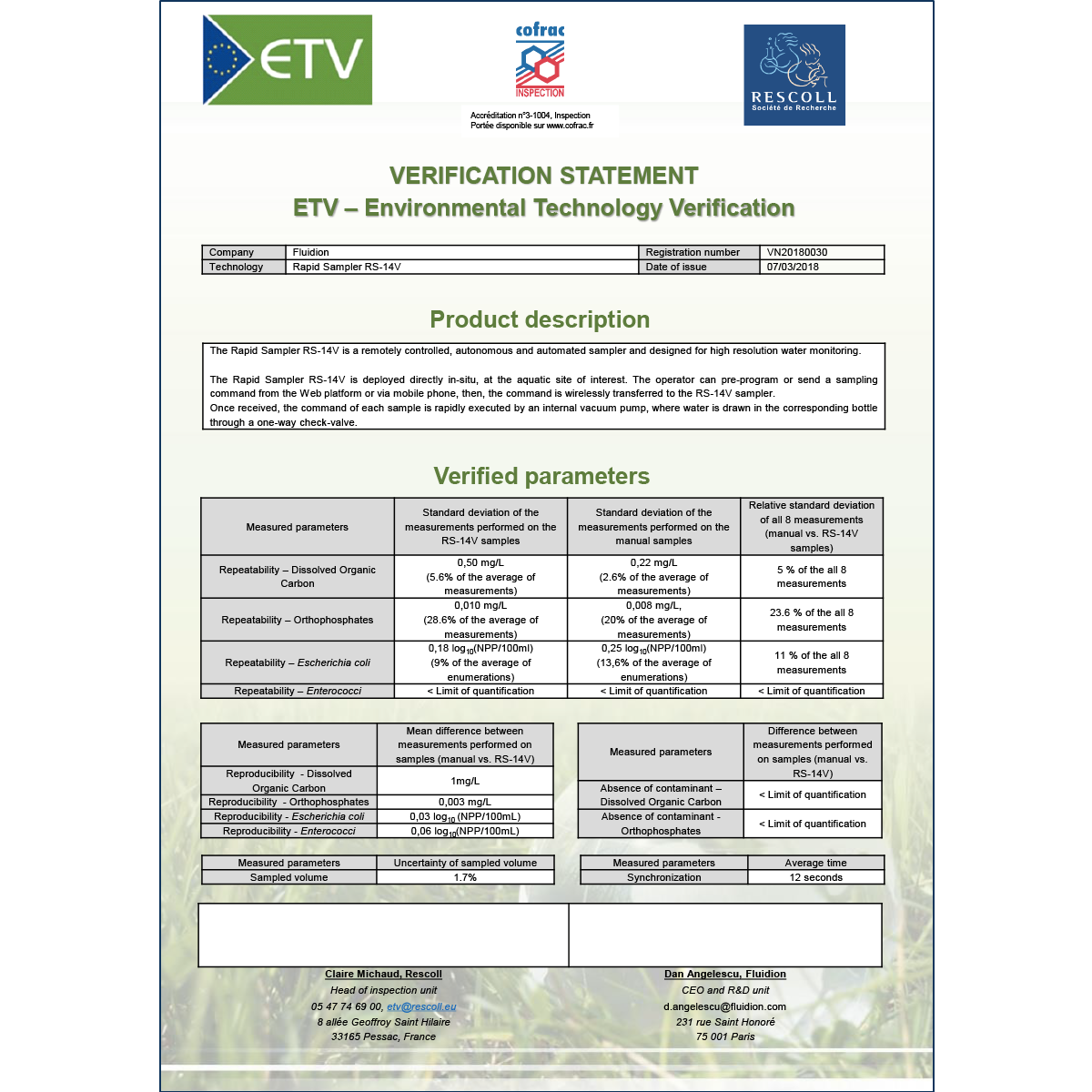 Environmental Technology Verification of Fluidion RS-14V Sampler (2018)
